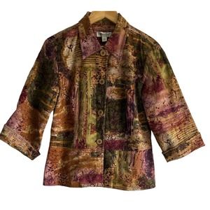 Coldwater Creek Womens Size Medium Artsy Cotton 3/4 Sleeve Wood Button Up Jacket